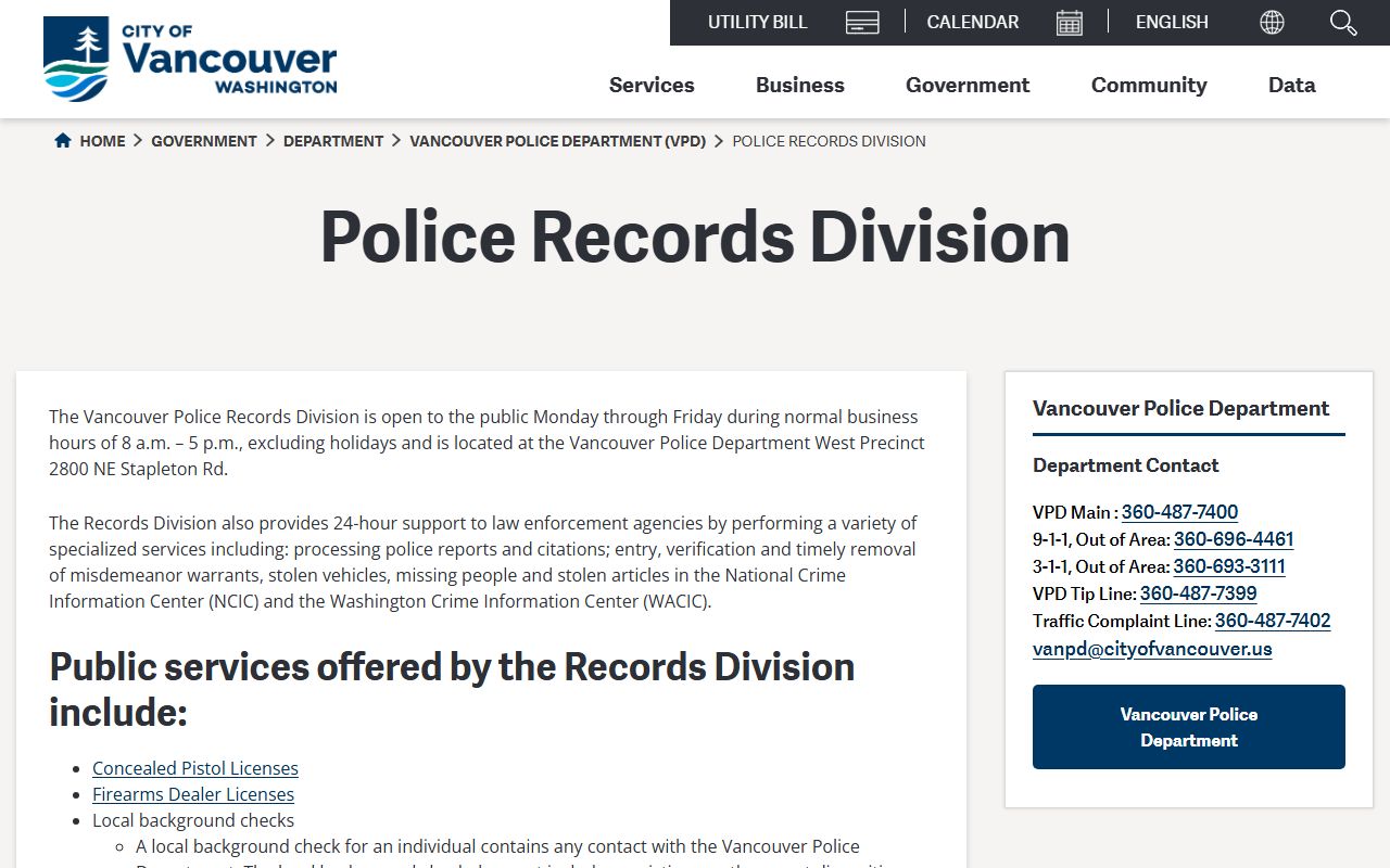 Vancouver criminal history records Vancouver Police Department
