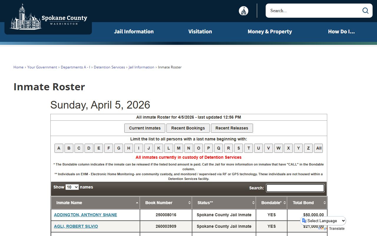 Spokane County criminal history records inmate roster