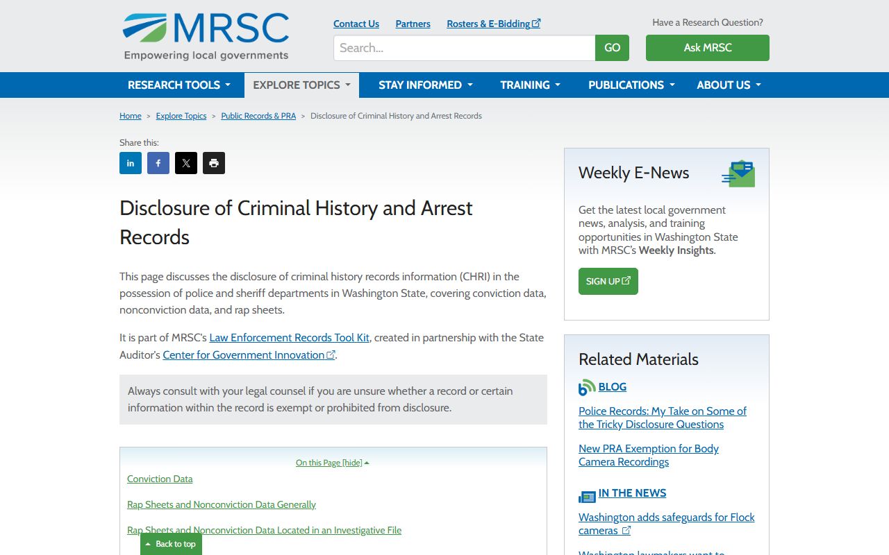 MRSC criminal history disclosure guidance Washington