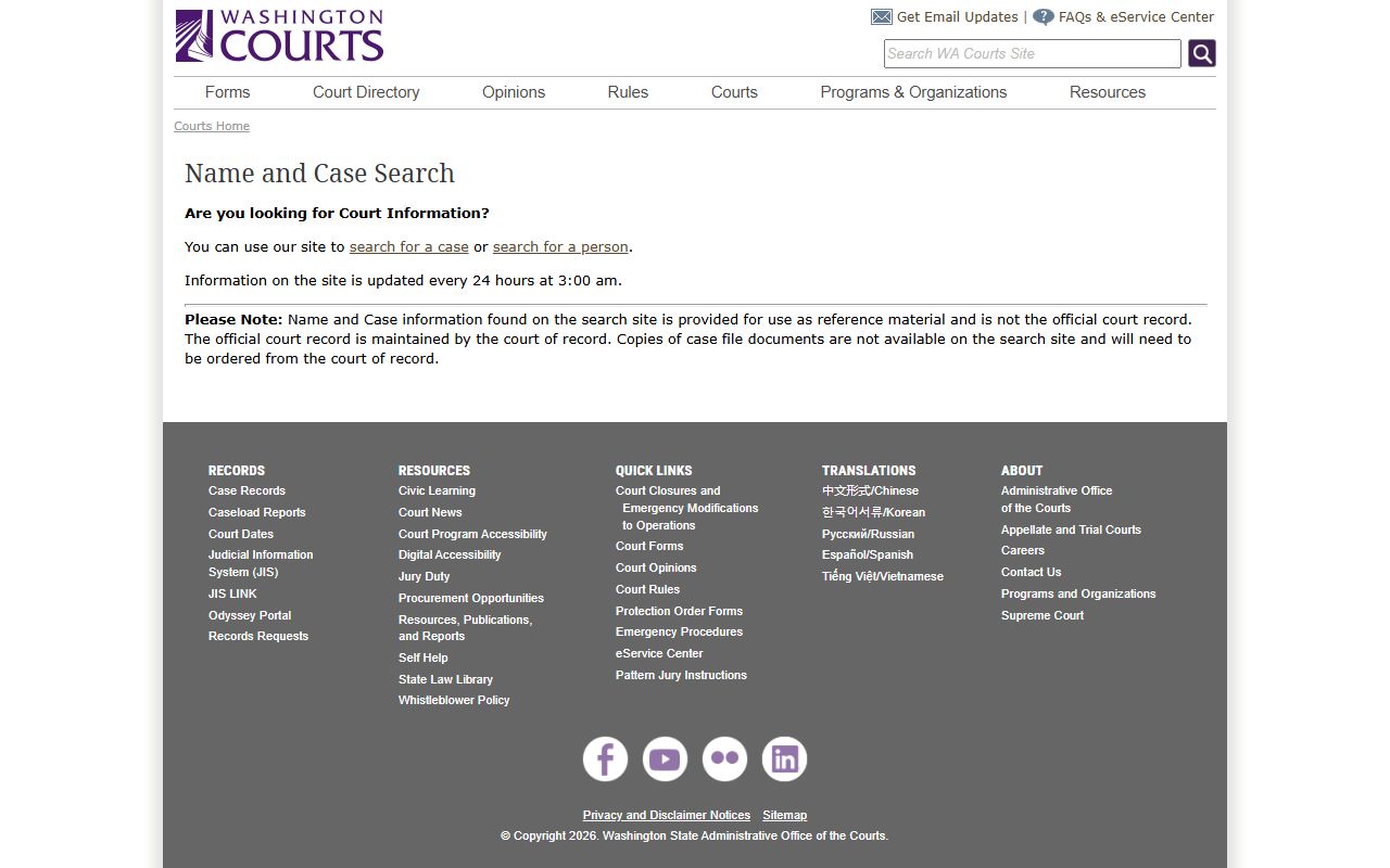 Washington State Courts name and case search portal